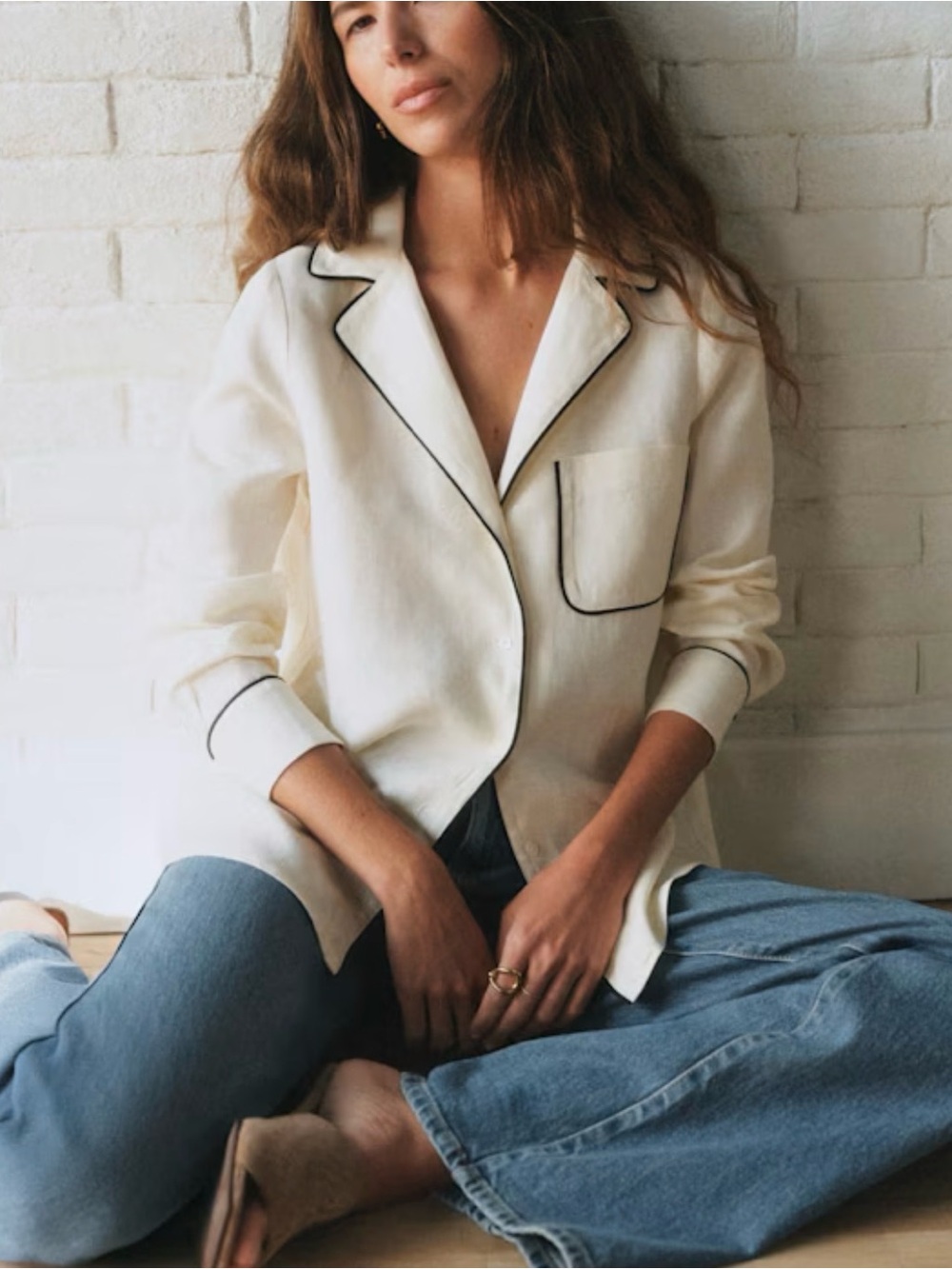 Sezane Cream Button-Down Shirt with Black Piping
